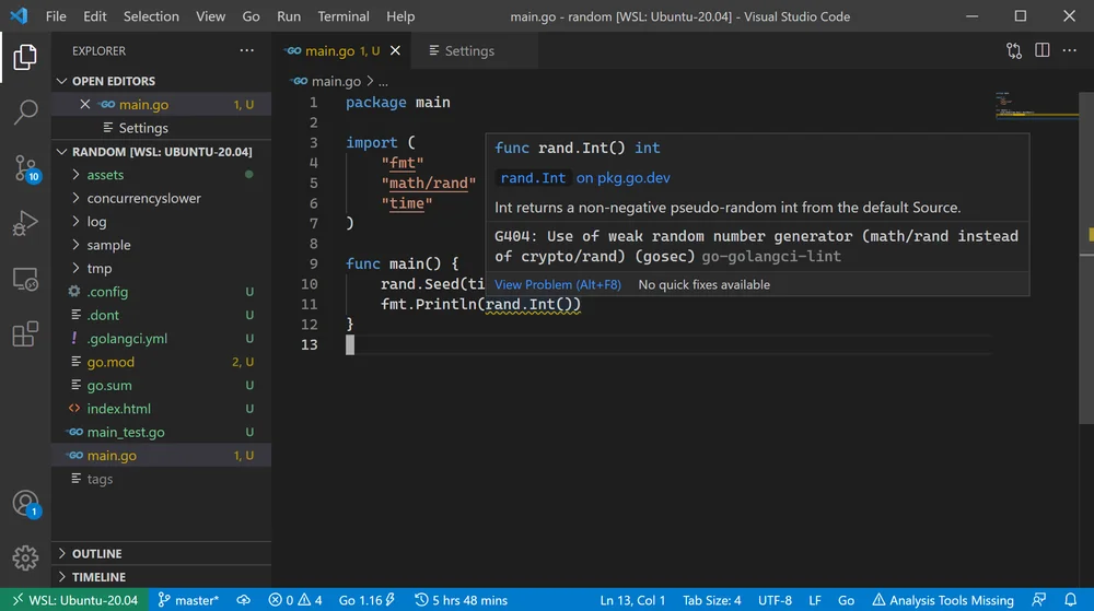 golangCI-Lint in action in Visual Studio Code