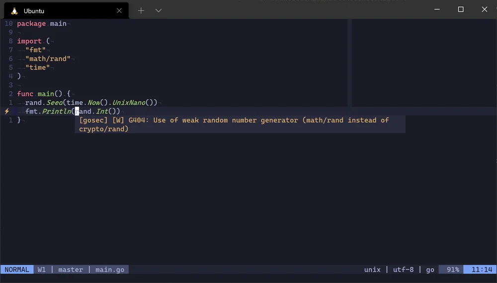 golangCI-Lint in action in Neovim