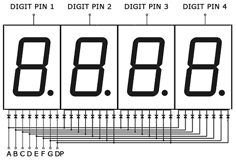 Arduino 7-Segment Tutorial - 4 Digit Display Schematic